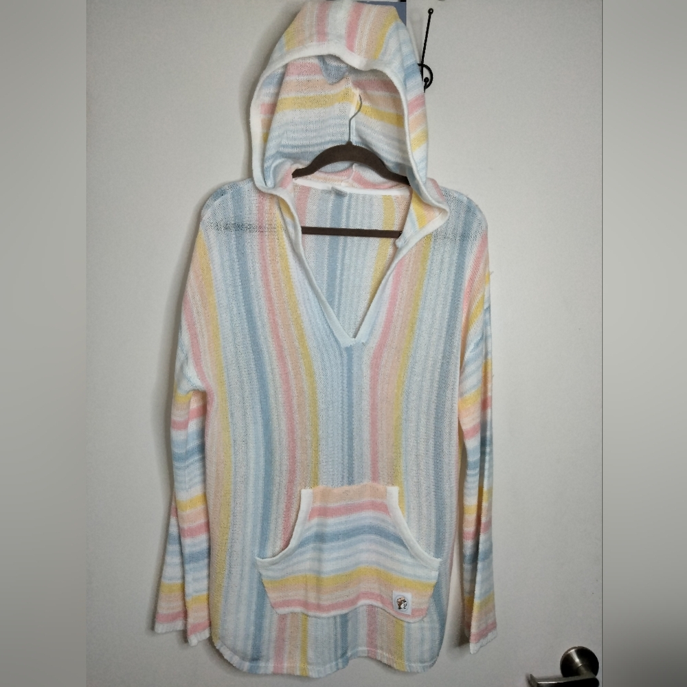 Buc-ee's (Size S) Oversize Striped Multicolor Hooded LS Slip Pocket Knit Sweater